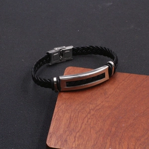 Men's retro braided leather bracelet with rectangular metal plate and silver clasp