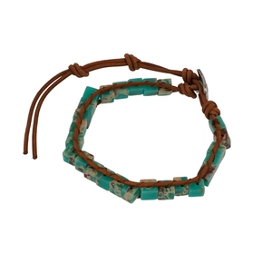 Bohemian imperial stone beaded bracelet with handmade woven leather cord and metal button