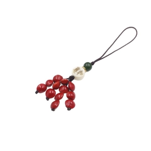 Traditional Chinese handmade beaded phone charm with red beans and lotus seed engraving