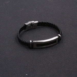 Men's woven leather bracelet with brushed stainless steel metal plate and buckle