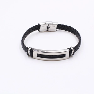 Men's fashion braided black leather bracelet with stainless steel metal plate and buckle