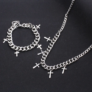 Punk Titanium Steel Cuban Link Chain Necklace Bracelet With Multiple Cross Pendants Hip Hop Silver Jewelry Accessories