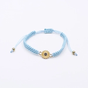 Handmade woven blue rope sunflower daisy bracelet with adjustable golden beads