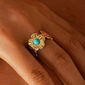 Vintage Stainless Steel Flower Open Ring Gold Plated Rhinestone Inlaid Adjustable Floral Ring For Women Individual Jewelry
