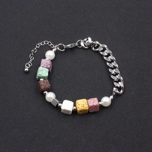 Bracelet Chaîne Gourmette en Acier Inoxydable Avec Pierre de Lave Cubique Colorée et Künstliche Perle de Culture de Synthèse Bijou Mode