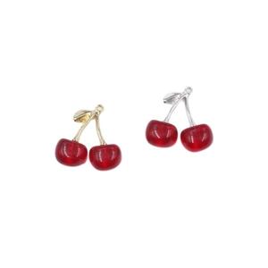 DIY red acrylic double cherry earrings and keychain pendants with gold and silver hooks