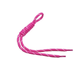 Rose pink braided nylon lanyard with white dashed texture and sturdy knot detail