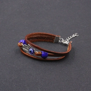 Handcrafted layered brown leather bracelet with Hamsa Hand and Evil Eye charms