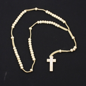 Fashionable ivory 8mm wooden bead rosary necklace with a detailed crucifix pendant