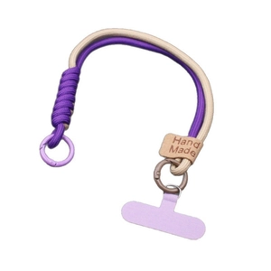 Short braided phone wrist strap in purple and beige with a handmade leather tag