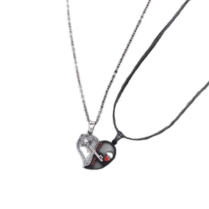 Minimalist heart pendant couple necklace set with silver key and black puzzle pieces