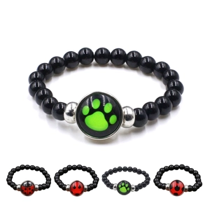 Cartoon Ladybug Paw Print Beaded Bracelet Glass Cabochon Elastic Black Beads Bracelet For Women Men Casual Fashion Jewelry Gift