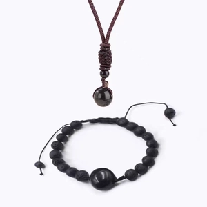 Collar de Pulsera de Cuentas de Obsidiana de Piedra de Lava Negra Natural Joyería de Cordón Ajustable Tejida a Mano para Hombres Mujeres