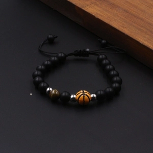 Schwarzes mattes Basketball-Perlenarmband mit Tigeraugensteinen und verstellbarer Kordel