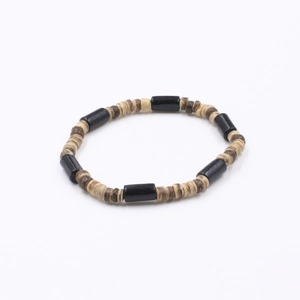 Bohemian elastic bracelet set with black cylinder beads and brown coconut wood discs