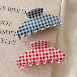 Elegant plaid pattern acetate hair claw clips in blue and red checkered styles for women