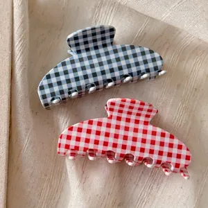Vintage Plaid Cellulose Acetate Hair Claw For Women Elegant Gingham Pattern Large Shark Clip Fashion Hair Styling Accessory