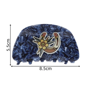 Blue marble acetate hair claw clip with vintage floral tattoo print, 8.5cm large size