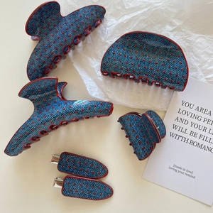 French Vintage Denim Texture Polka Dot Acetate Hair Claw For Women Red Blue Contrast Hair Shark Clip Styling Accessory