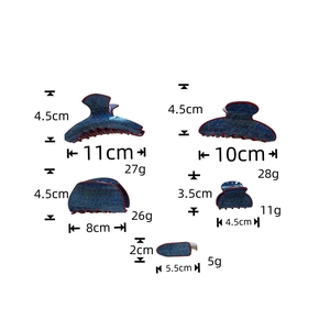 Detailed size chart for blue denim hair clips with red polka dots and dimensions