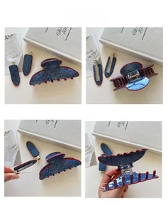 Detail view of denim texture hair claw and hairpins with red polka dots set