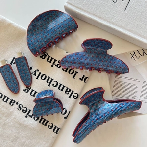 5-piece denim hair claw set with red polka dots and vintage style on white background