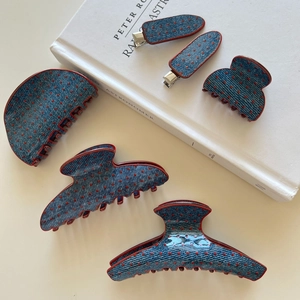 Five-piece set of denim texture hair clips with red polka dots and elegant retro design
