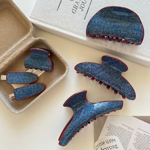 Denim blue hair claw clip set with red polka dots and vintage style for women