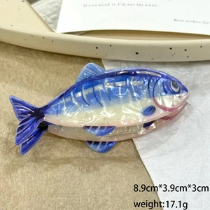 Macro detail of blue gradient fish hair claw clip showing material texture and size specs