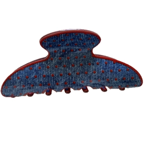 Blue denim texture hair claw clip with red polka dots for elegant half-bun hairstyles