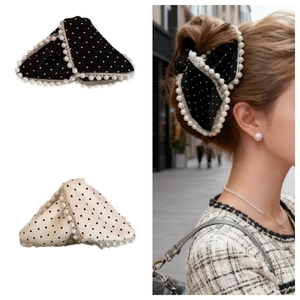 French Vintage Large Shark Clip Elegant Polka Dot Fabric Bow Hair Claw With Faux Artificial Pearl Lace Edge Women Hair Accessory