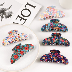 Vintage Floral Print Hair Claw Clip For Women PVC Sweet Daisy Shark Clip Elegant Hair Catch Accessories For Thick Hair