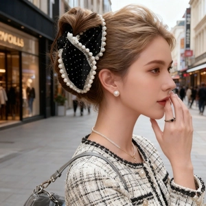 French vintage hair claw with black polka dots, lace borders and pearls for elegant updos