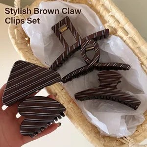 Maillard Brown Striped Hair Claw Clips Matte Acrylic Geometric Shark Hair Clamps For Women Daily Hair Accessories