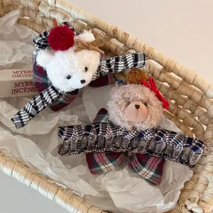 Cute Plush Bear Plaid Bow Hair Claw Clip Large Winter Warm Shark Clip For Women Girls Sweet Hair Accessories