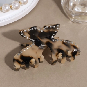 Elegant tortoiseshell acetate butterfly hair claw clip with rhinestones and vintage pearls