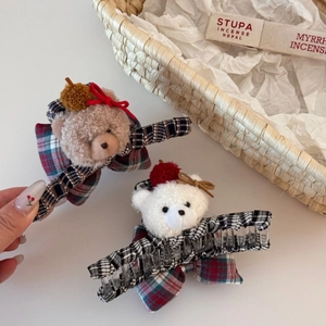 Cute teddy bear plush plaid hair claw clips for girls in brown and white checkered pattern