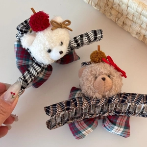 Cute plush bear hair claws in white and brown with plaid fabric and bow details