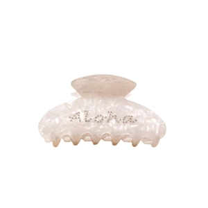 Elegante pinza per capelli in acetato bianco con scritta Aloha in strass e marmo