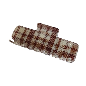 Classic brown and beige checkered acetate hair claw clip with rectangular design