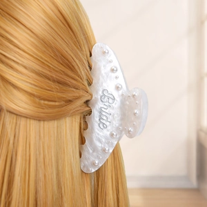 Large marble white acetate hair claw clip with pearls and Bride lettering for weddings