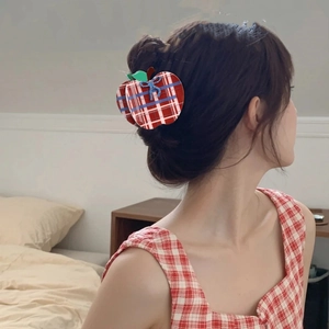 Retro red and white plaid apple shaped hair claw clip with bow for women and girls