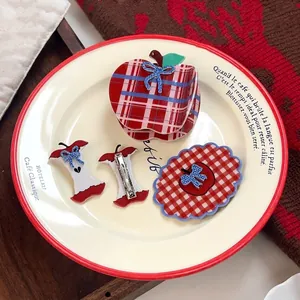 Vintage Plaid Apple Shaped Acetate Hair Clip Cute Bow Checkered Pattern Hair Claw Clip Fashion Side Clip Hair Accessories For Women