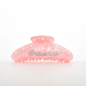 Pink marble pattern bridesmaid hair claw clip with faux pearls and silver glitter text
