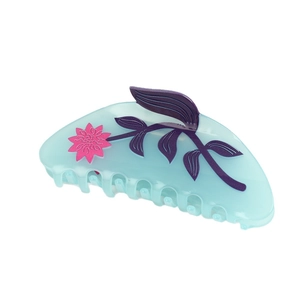 Florale Haarspange aus Acetat in Hellblau Matt mit rosa Blumenmuster für Damenfrisuren
