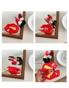 Detail shots of creative red lips and lipstick shaped acetate hair claw clips for women
