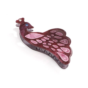 Elegant acetate peacock hair claw clip with purple glitter finish and crystal details