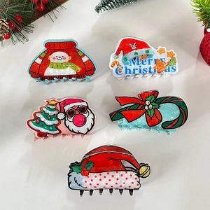 Five-piece Christmas themed acrylic hair claws featuring Santa and Snowman designs