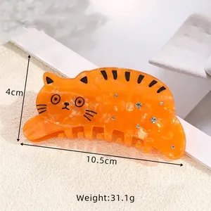 Pince à cheveux chat en acétate orange avec strass, taille 10,5 cm de long, 4 cm de haut