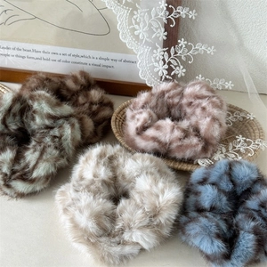 Plush faux fur zebra pattern scrunchies set for hair in four soft autumn colors